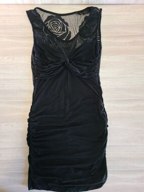 Papaya Black Rose Mesh Bodycon Dress Ruched Sleeveless Sheer Floral